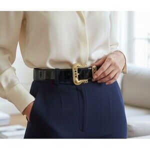 VINTAGE ANNE KLEIN BLACK PATENT LEATHER GOLD TONE METAL BUCKLE 1 1/2" BELT MED